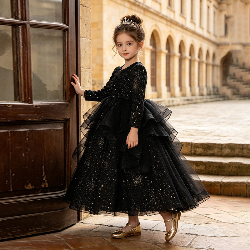 Girls' long-sleeve dark academia tulle dresses - wholesale for cross-border e-commerce, perfect for flower girls, weddings, and piano recitals - in stock & ready to ship ( compatible)