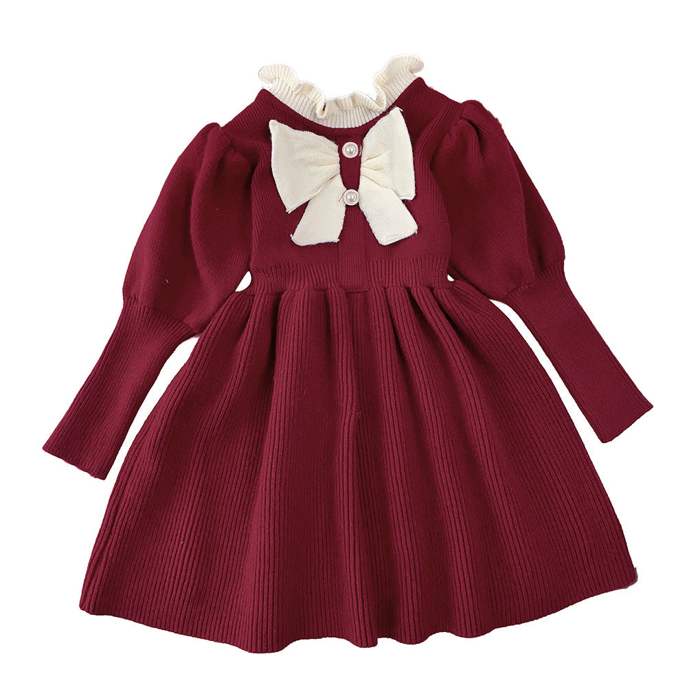 Girls' autumn/winter korean style knit dress with floral lace and cinched waist, cute bow detail, baby dress
