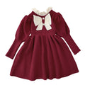 Girls' autumn/winter korean style knit dress with floral lace and cinched waist, cute bow detail, baby dress