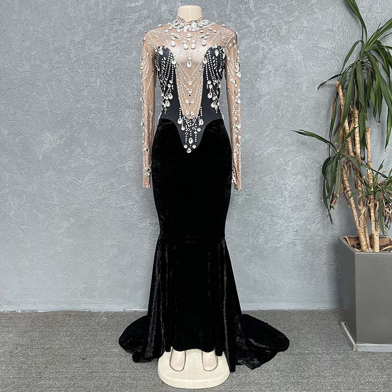 supply elastic flannel hot diamond rhinestone tassel sexy silmcustom performance costume evening dress