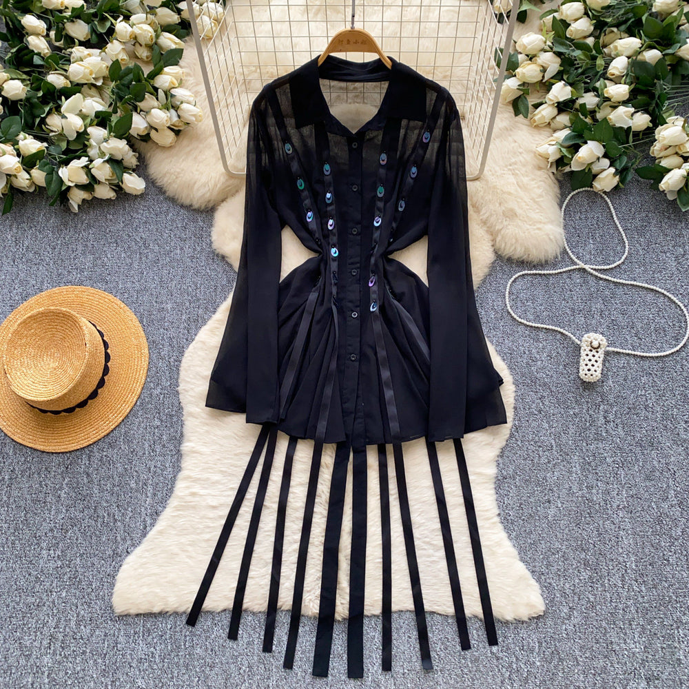 Korean style sweet pink a-line dress with ribbon detail - women's summer flirty sequin tie-waist slimming elegant dress