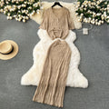 Korean style minimalist effortless outfit: knitted cardigan & high-waisted midi skirt set - trendy two-piece fashion