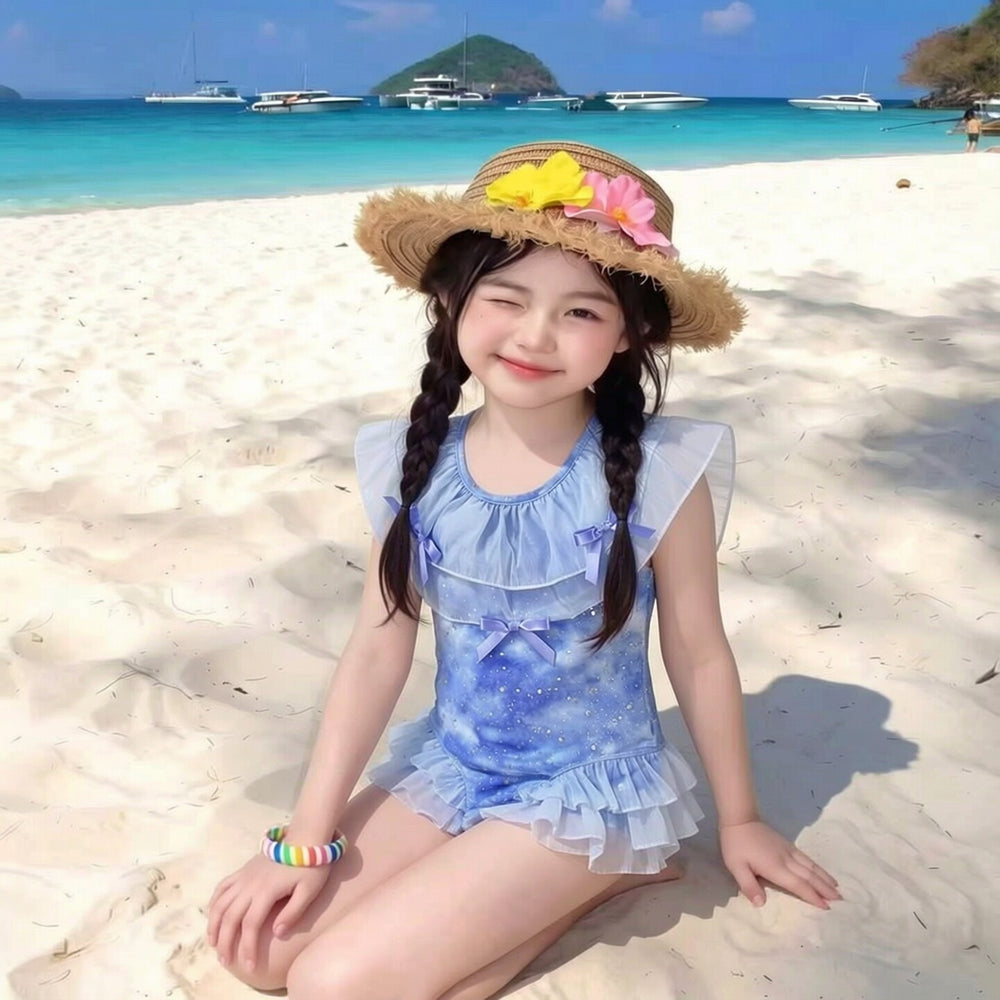 Kids' starry sky one-piece swimsuit, baby girl swimsuit, stylish summer mesh bowknot swimwear, girls' swimsuit