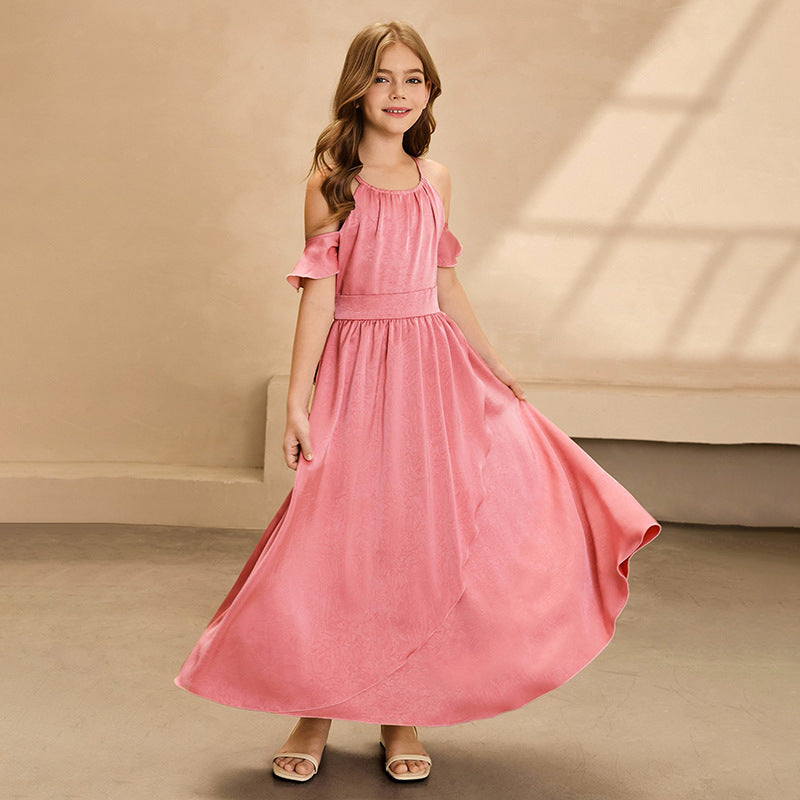fashion style girl dress chiffon off-shoulder sense of design long skirt new arrivalgirl dress custom style