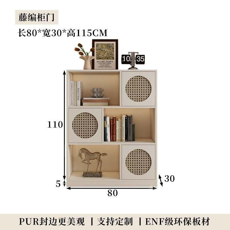 Half wall solid wood bookcase low cabinet storage cabinet all-in-one living room side cabinet combination cabinet storage rack color matching rattan bookshelf