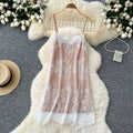 French fairy vacation dress women's  autumn 3d floral tie-up single-breasted mesh dress + slip dress
