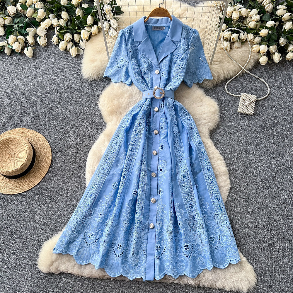 French romantic lace cutout dress - women's summer short sleeve, slim fit a-line dress - office chic & high-end style