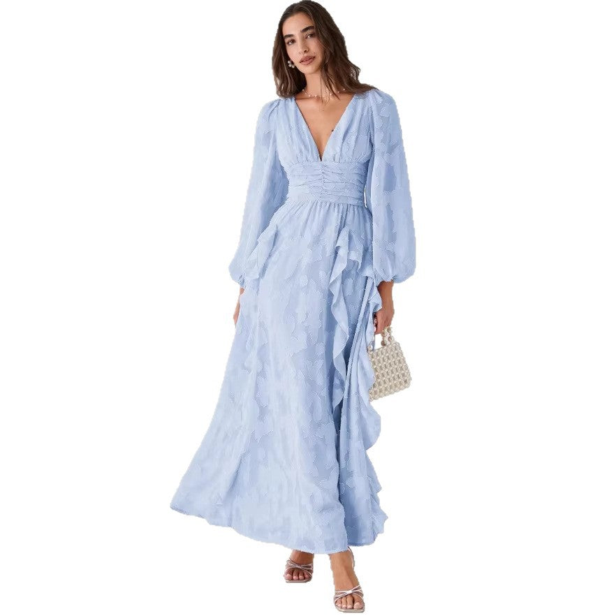 early spring new arrival: comfortable chiffon ruffle-trimmed, waist-cinching v-neck elegant maxi dress for women