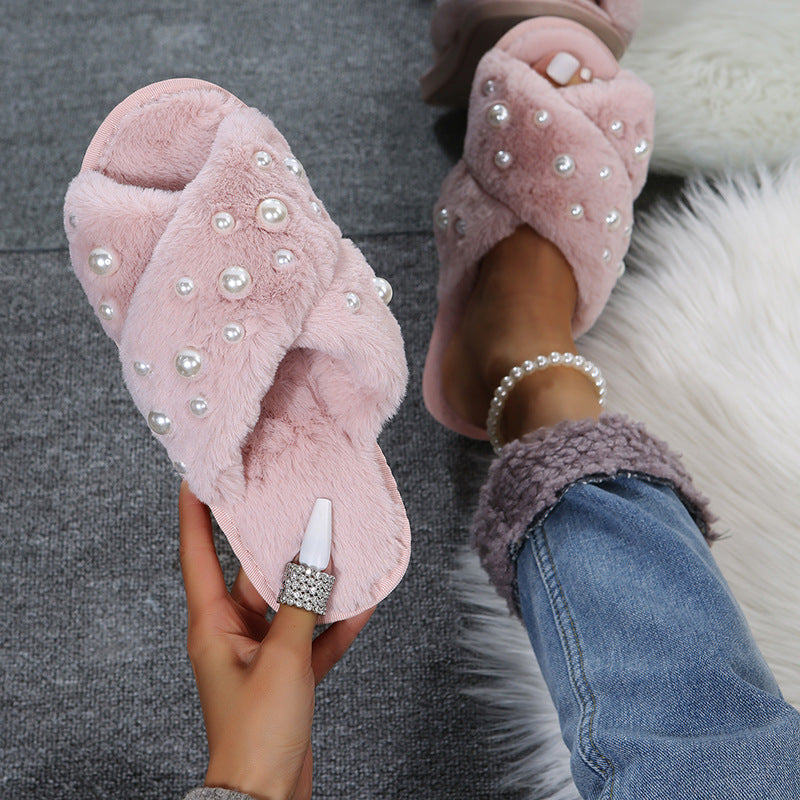 Fall and winternew arrivalmofluffy slippers women's flats home indoor slippers heattech pearl floor cross mofluffy slippers women