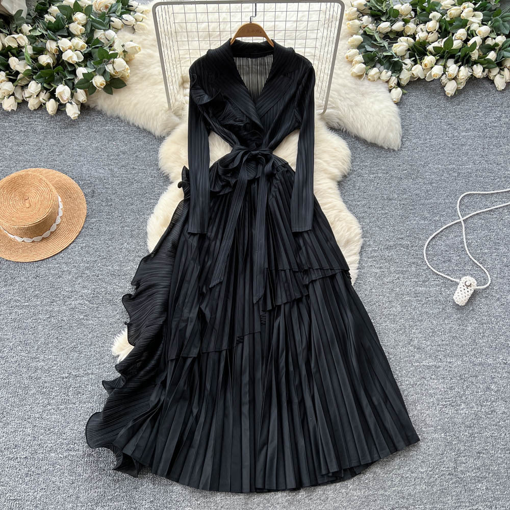 Miya pleated european and american dress women's  autumn sense of design strappy waist suit collar asymmetrical long skirt