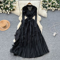 Miya pleated european and american dress women's  autumn sense of design strappy waist suit collar asymmetrical long skirt