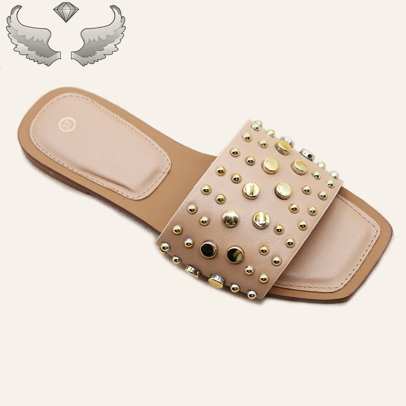 Ladies flat shoes wholesale square head metal rivets flat bottom slippers outer wear craft shoes Slippers