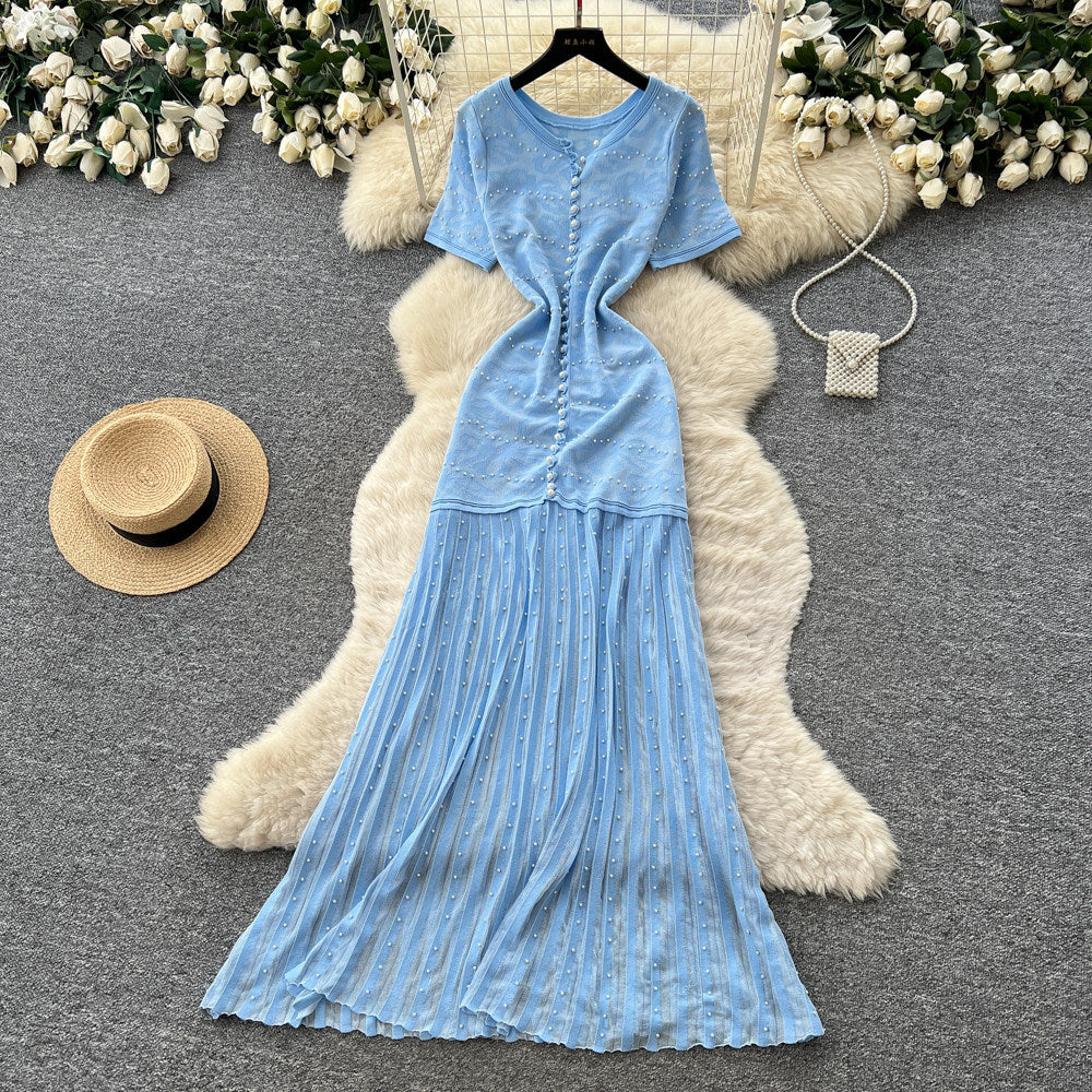French style beaded knit dress - women's short sleeve high waist a-line dress - slimming, commute-friendly, elegant maxi dress