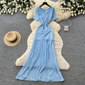 French style beaded knit dress - women's short sleeve high waist a-line dress - slimming, commute-friendly, elegant maxi dress
