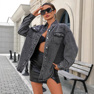 Ready stock - 20708  cross-border fashion women's jacket: autumn/winter streetwear denim fleece-lined outerwear