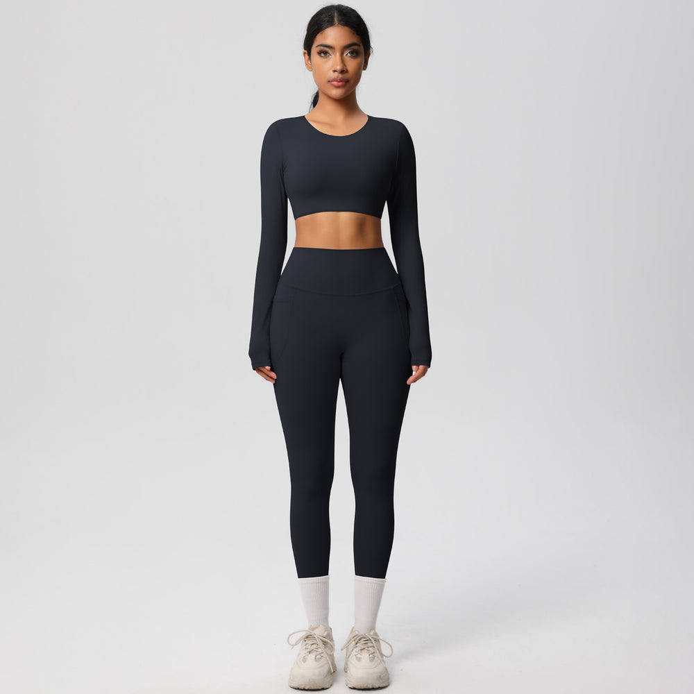 nude feeling tight high waistflap pocket pants crop toplong sleevestops yoga clothes quick-drying running sports fitness suit