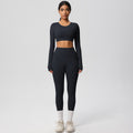 nude feeling tight high waistflap pocket pants crop toplong sleevestops yoga clothes quick-drying running sports fitness suit
