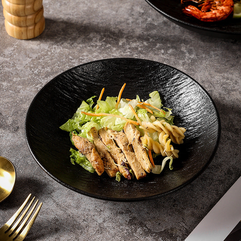 Deep dish japanese ceramic salad creative black for home soup plate ceramic tableware classy texture frosted dinner plate