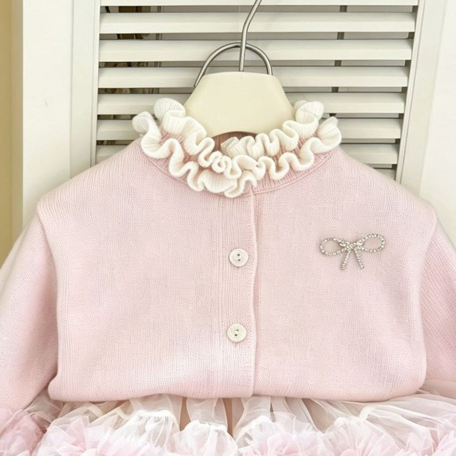 Korean style girls' fall/winter new collection: ruffle-trimmed sweater cardigan & fluffy tutu skirt two-piece set