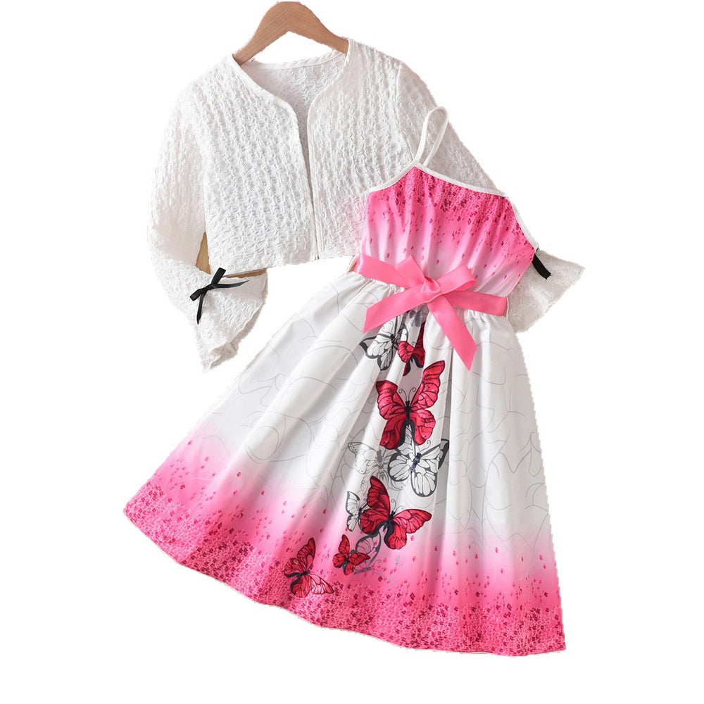 girls' skirt set: pink bow dress with butterfly print and flared sleeves, two-piece outfit for kids