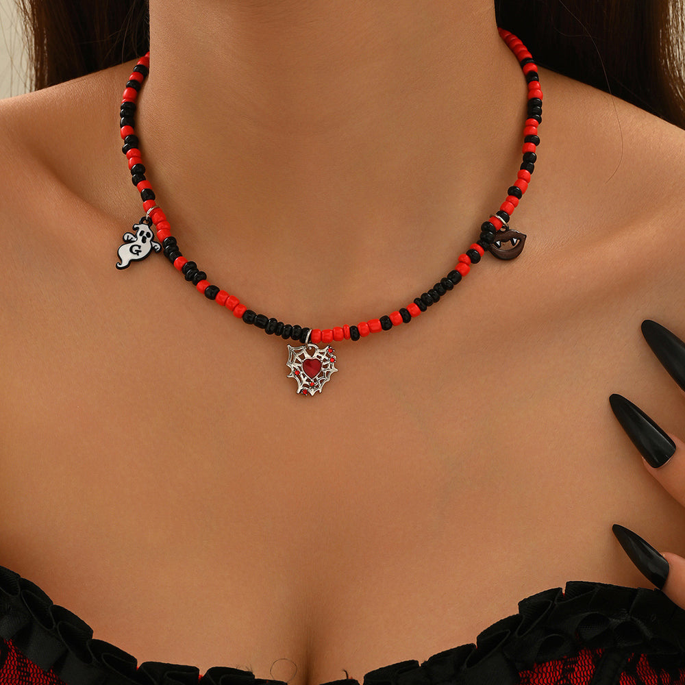 Halloween necklace wholesale fashion funny pumpkin ghost cat pendant horror contrast color rice beads string clavicle chain