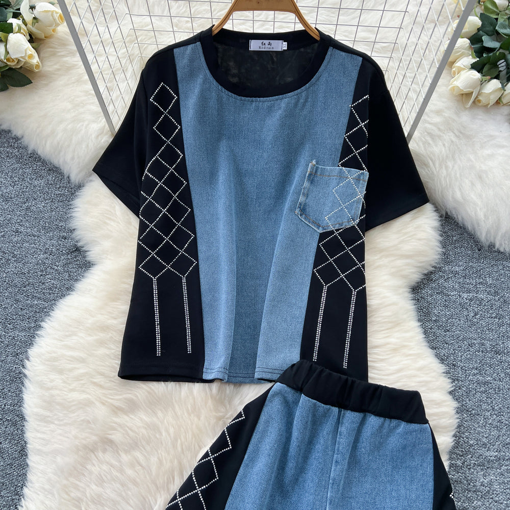 Fashionsuit women's summer hong kong style retro heavy industry hot diamond denim patchwork short sleeve topshigh waistloose straight-leg pants