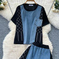 Fashionsuit women's summer hong kong style retro heavy industry hot diamond denim patchwork short sleeve topshigh waistloose straight-leg pants