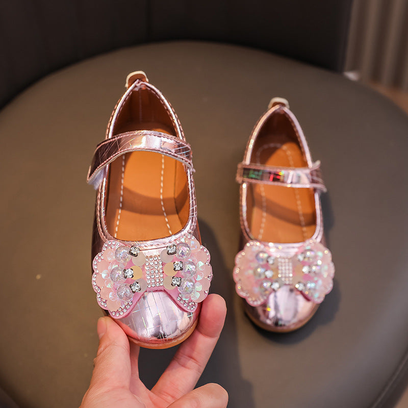 Girls'  spring new bowknot soft sole princess leather shoes for mid-to-large children - wholesale magic tape closure kids' shoes (direct from manufacturer)