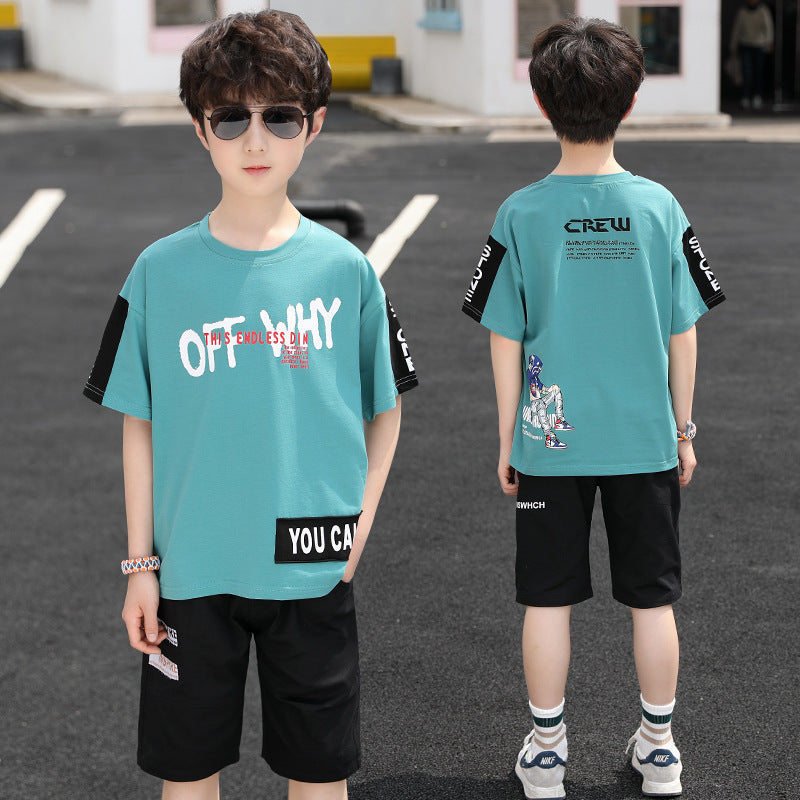 Boys' summer outfit: lightweight short-sleeve sports set - breathable two-piece casual set for older boys - trendy brand