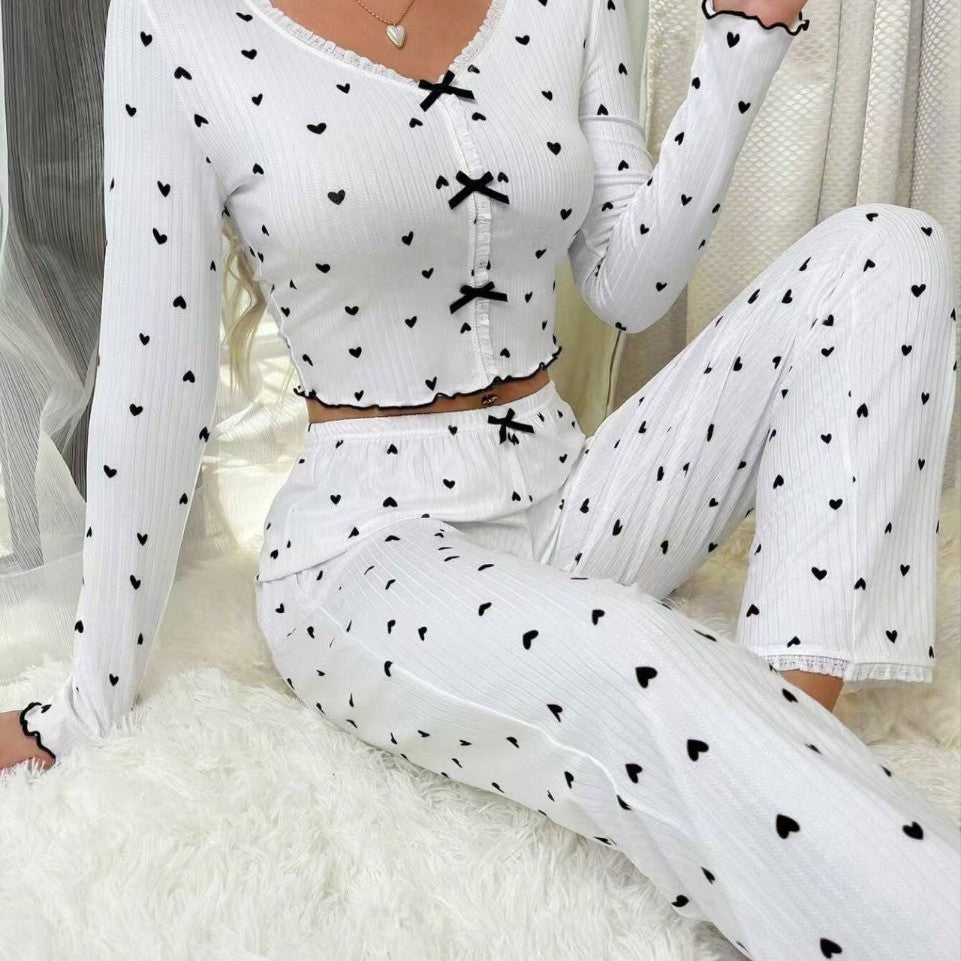 European and american style new women's loungewear set - heart print v-neck long sleeve pajama top with lace trimmed pants
