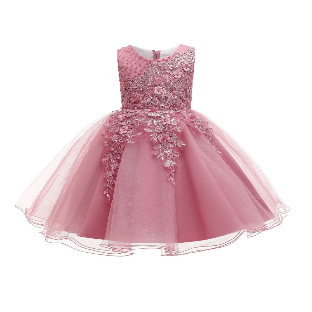 Plus size european and american style children's formal dress - pearl and sequin wedding dress, princess gown for flower girls, elegant performance mesh tutu skirt