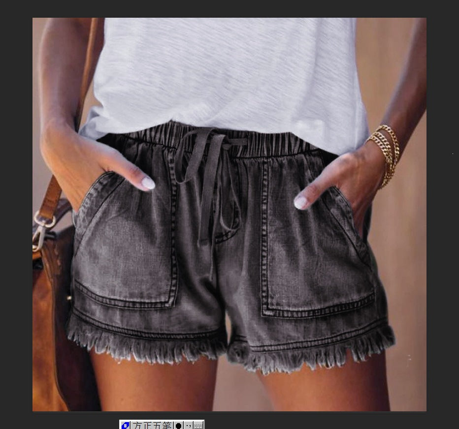 summer  new arrival  european and american foreign trade elastic waist drawstring casual high-waisted slimming denim shorts for women