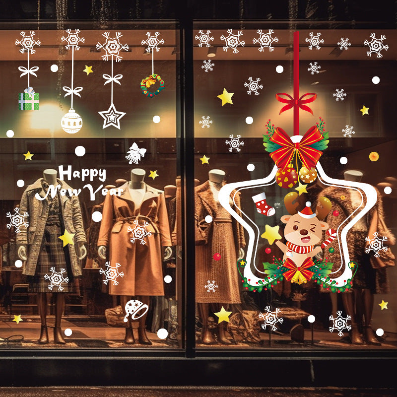 Christmas decoration glass door sticker window scene arrangement Christmas elk snowflake star hanging ring No glue static sticker