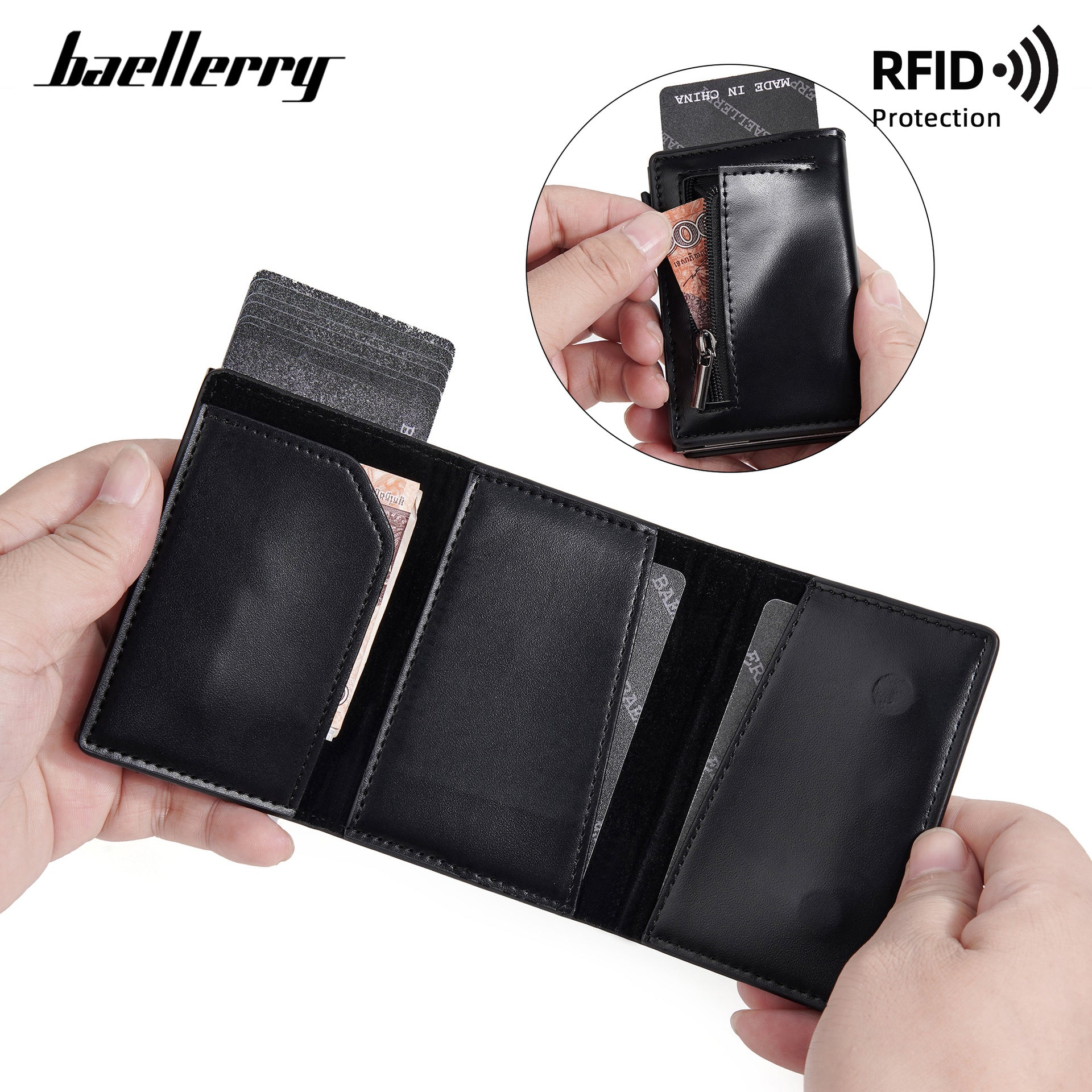 New men's senior sense baellerry side push zipper bag magnet aluminum box RFID elastic card type card bag card holder