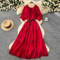French red puff sleeve commuter short-sleeve dress - women's summer slimming a-line tassel cake dress