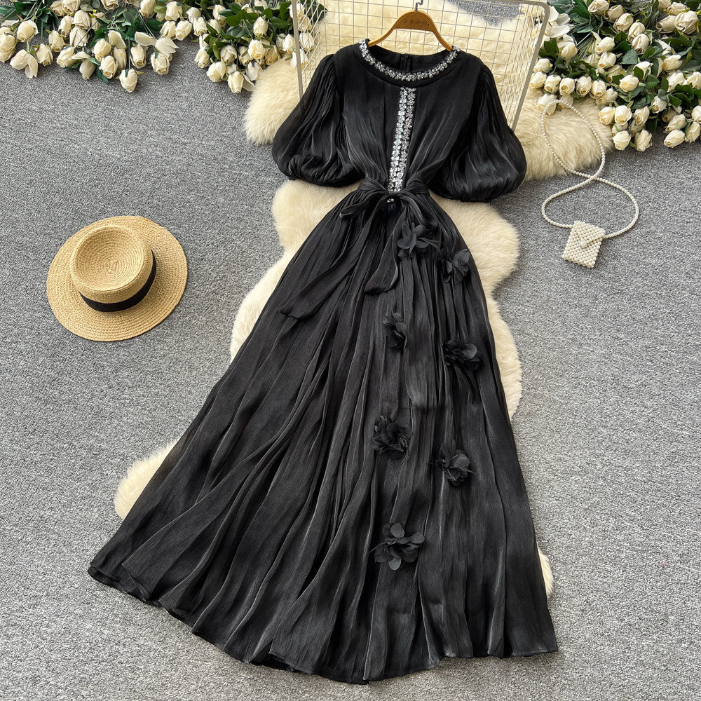 French heavy industry diamond-encrusted red pleateddress women's summerk-style waist slimming lookelegant thousand gold style long skirt