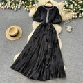 French heavy industry diamond-encrusted red pleateddress women's summerk-style waist slimming lookelegant thousand gold style long skirt