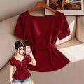 Simple square neck heart-shaped collar solid color blouse with puff sleeves and belted waist – slimming and elegant women's apparel, 1688 source