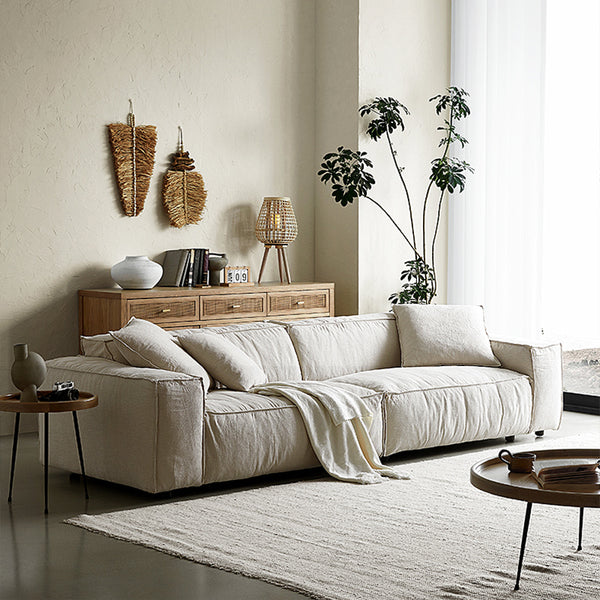 Wabi-sabi wind linen three-person fabric sofa small apartment living room B & B tofu cubes high-end Nordic cream high-end sense