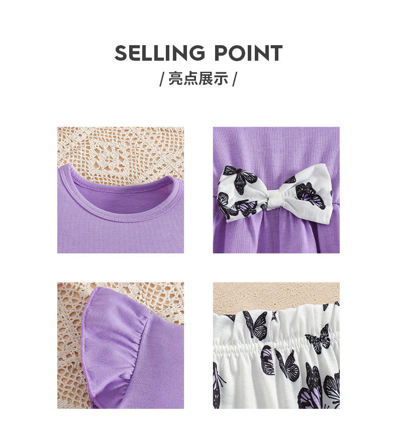 Girls' summer outfit set: purple flutter sleeve top with lace hem and butterfly print pants - two-piece set for kids