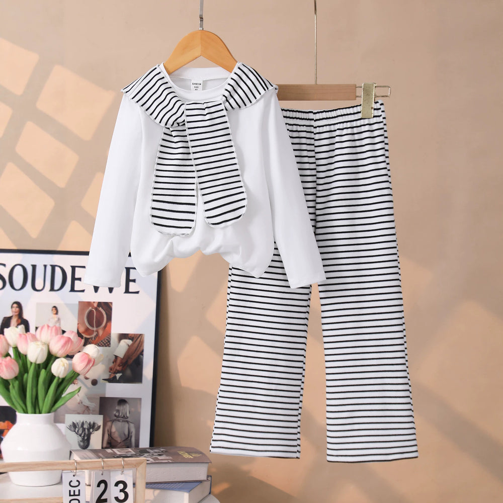 Girls' two-piece set: solid color long-sleeve top and striped flare pants with shawl