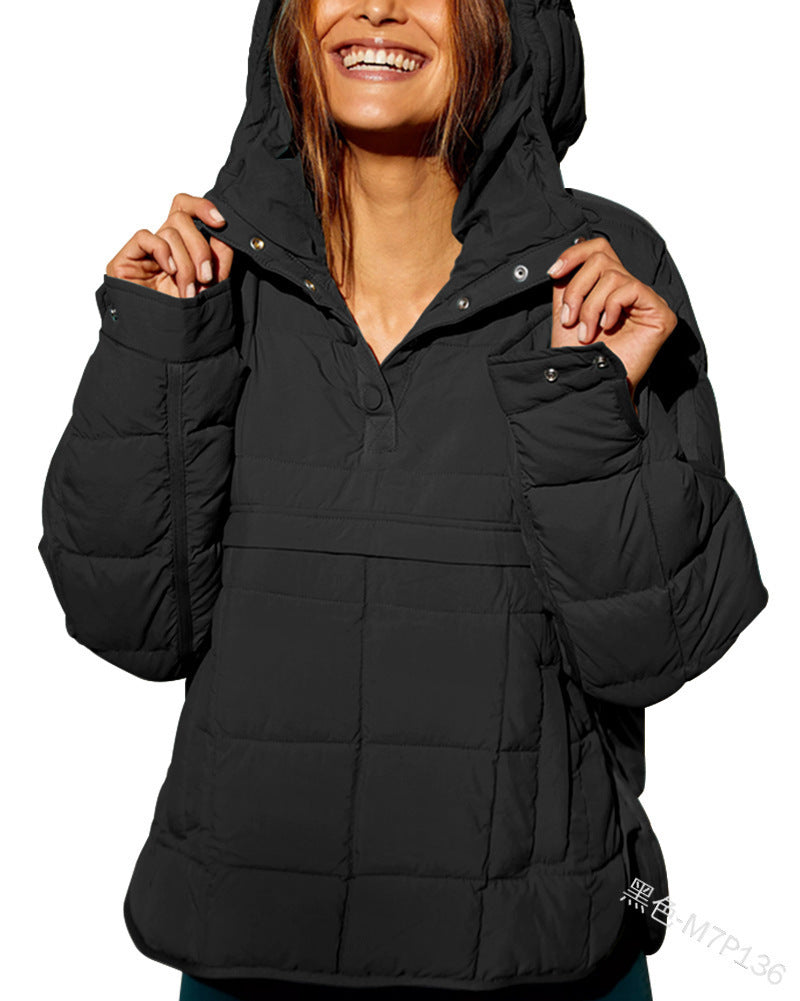 European and american  new casual fashion solid color cotton padded jacket, loose fit long sleeve pullover hoodie with round hem top