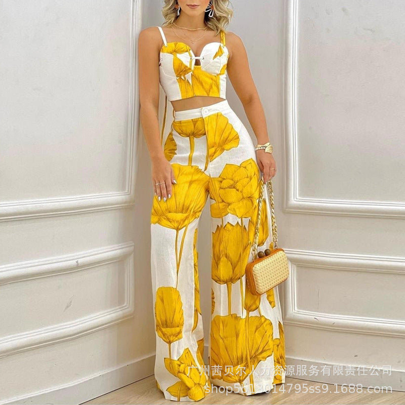 Spot  2023 European and American women's clothing  suspender printing set, trousers, set