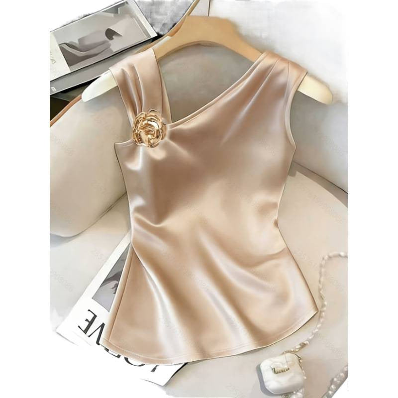 Women's summer new arrival: elegant, stylish, and versatile solid color asymmetrical knit satin sleeveless top for work and casual wear