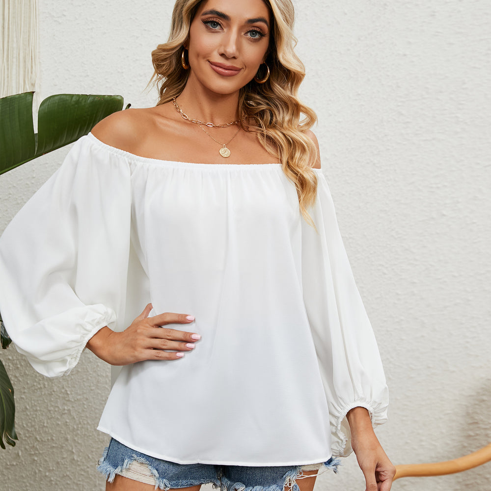 european and american cross-border foreign trade women's clothing  new independent station pure color one-line collar chiffon tops trendy