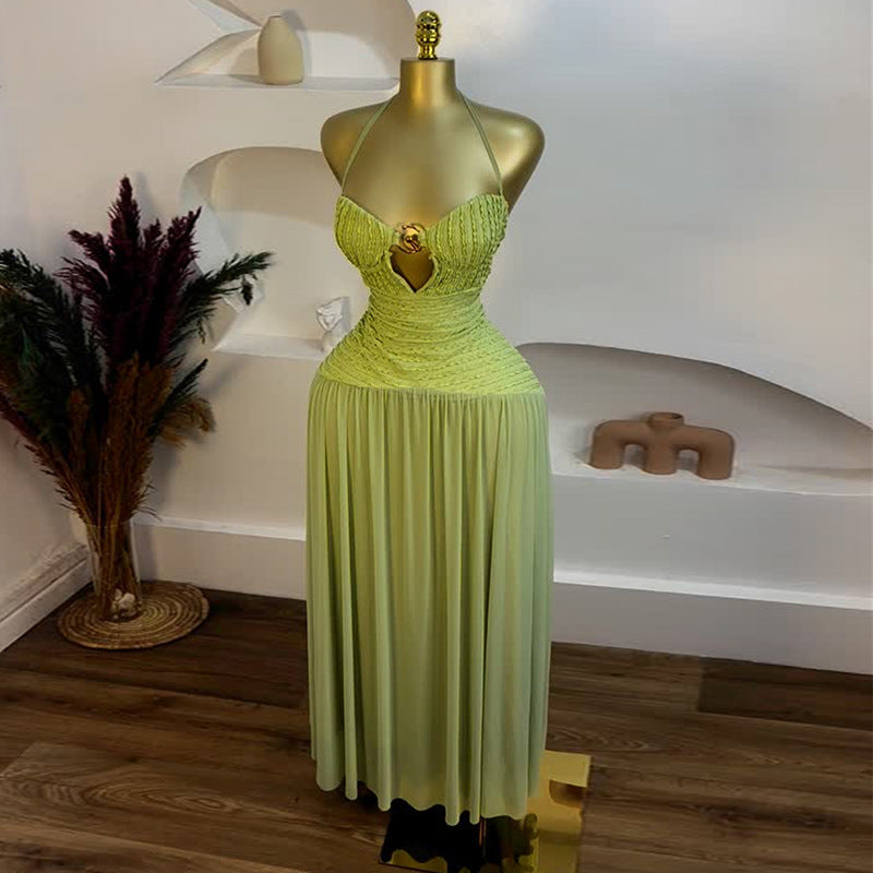 European and american cross-border women's fashion:  summer new arrival - elegant, fresh, green cutout sleeveless cami dress