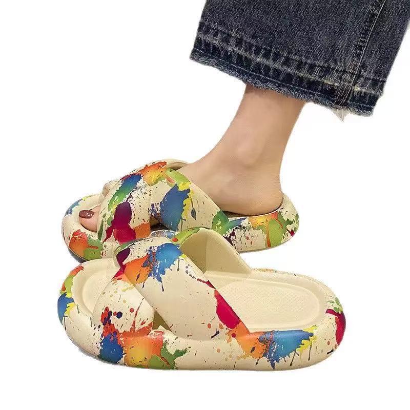Women's slippers - 2025 summer new arrivals: trendy graffiti design, thick sole, outdoor/indoor wear, crossover sandals