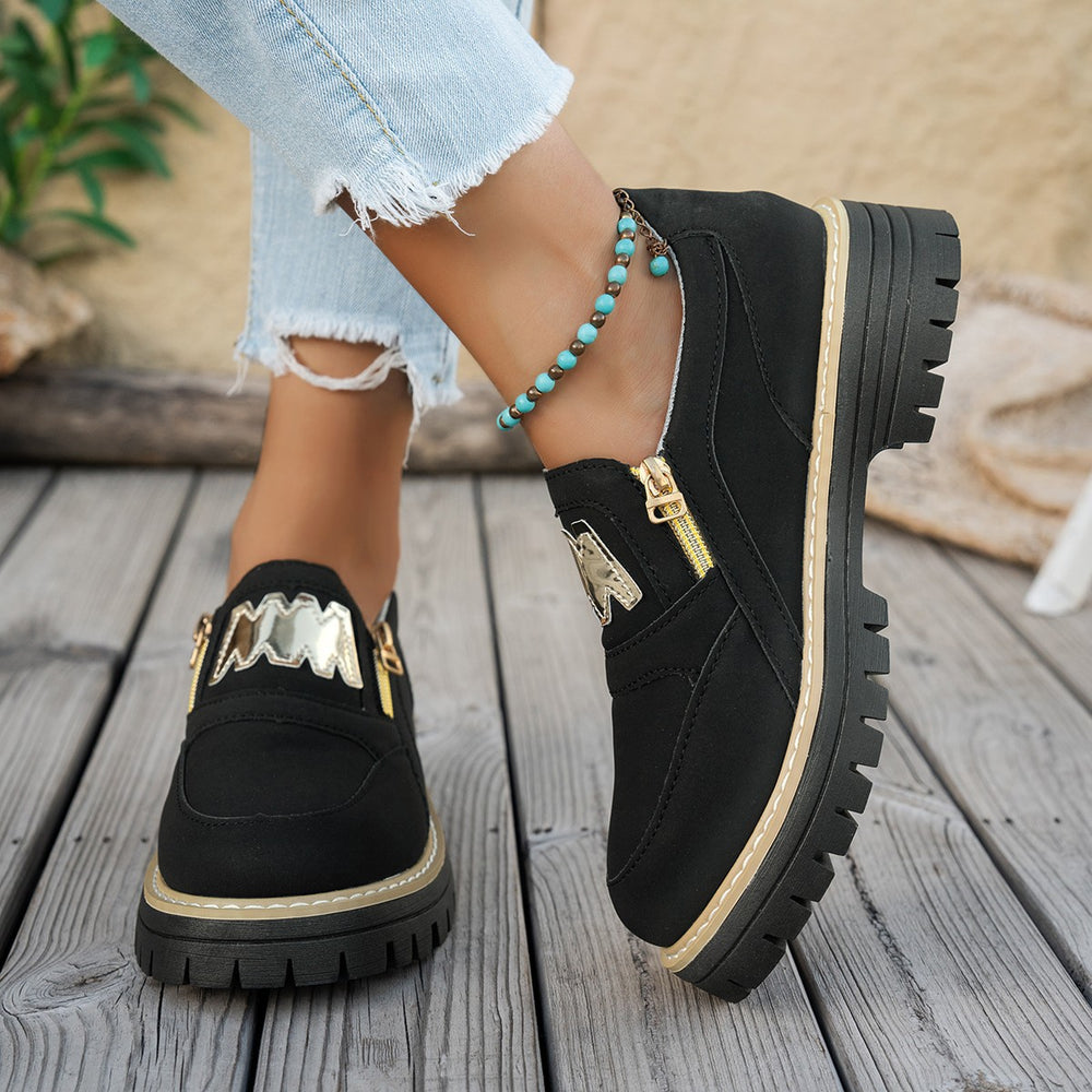 New arrival: women's chunky low-top loafers with side zipper – plus size, british style, slip-on flats – perfect for cross-border e-commerce,  supplier