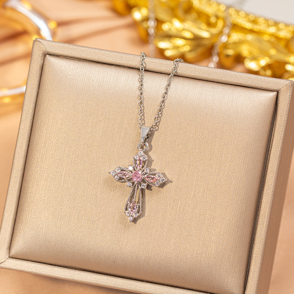 [titanium steel] fashion popular pink zirconium hollow cross necklace for women, accessible luxury niche high-end clavicle chain accessories