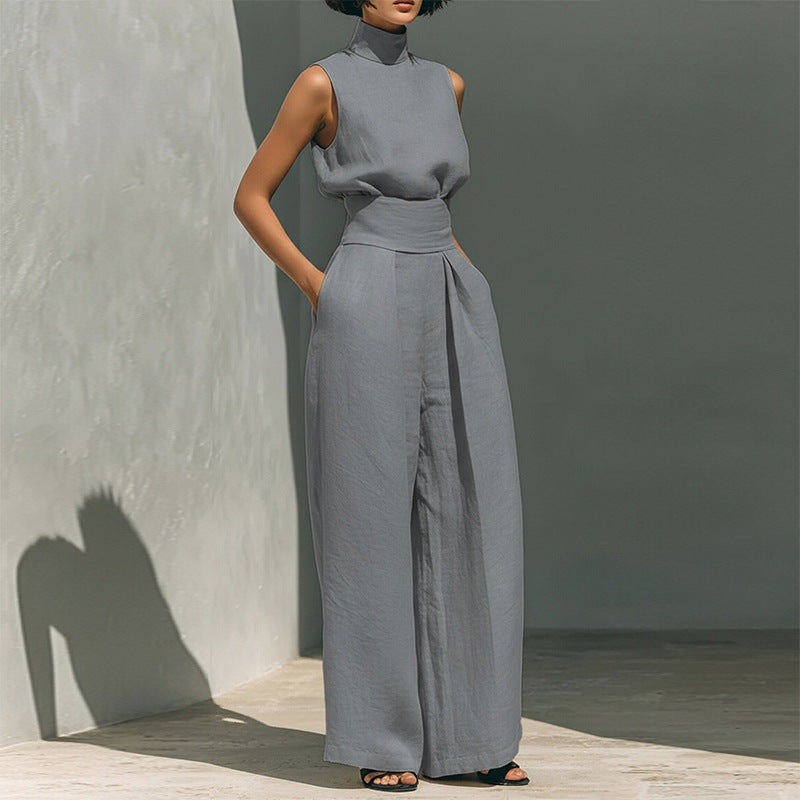 cross-border e-commerce european and american women's clothing: new summer fashion cotton linen sleeveless turtleneck long pants casual set for women